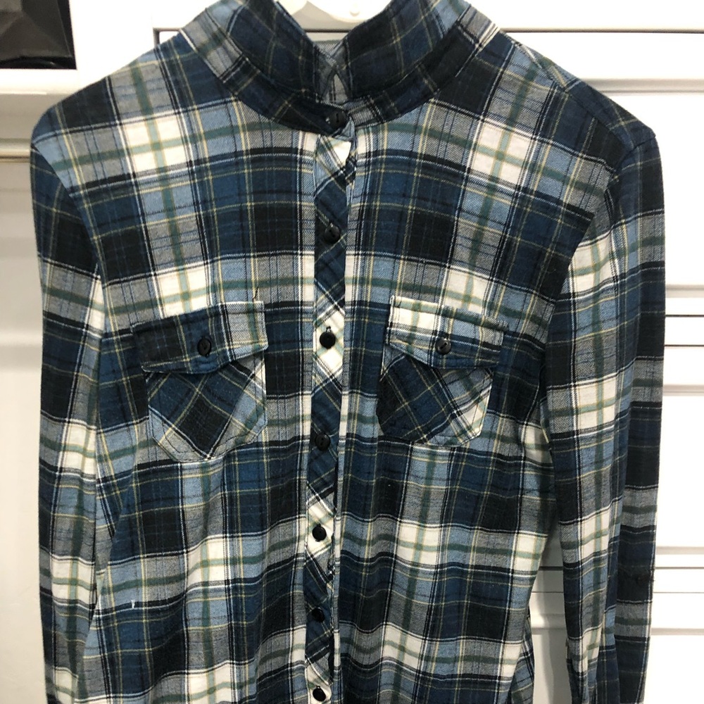 Blue Button Up Plaid Flannel, Size Medium